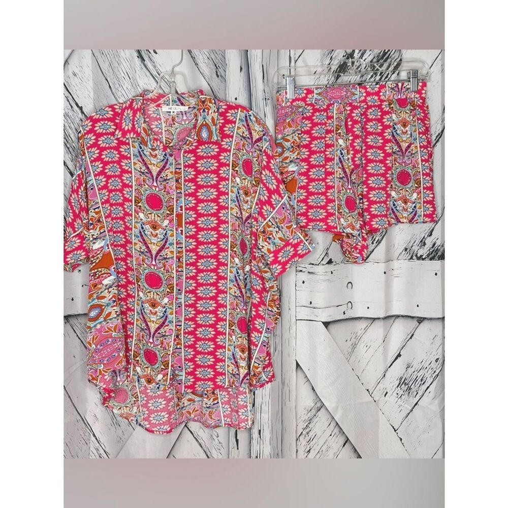 Top & Shorts Set Floral Boho 100% Rayon M